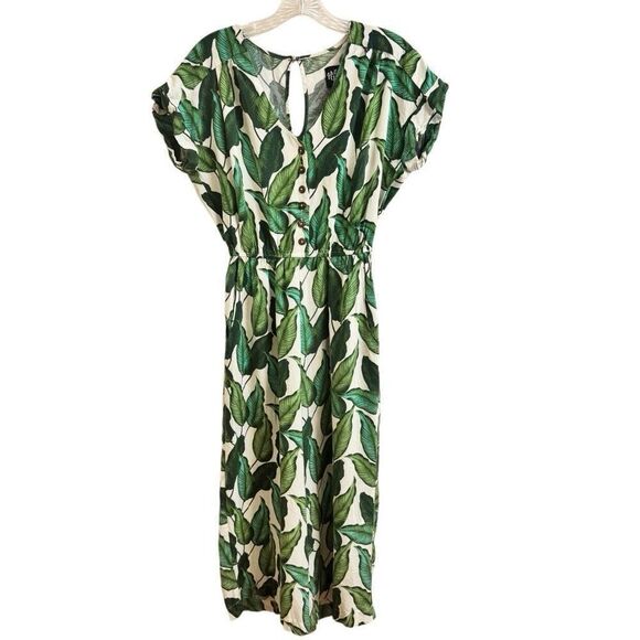 Hell Bunny Rainforest 70s Jumpsuit Wide Leg Cropped Tropical Leaf Size Small - Picture 1 of 6